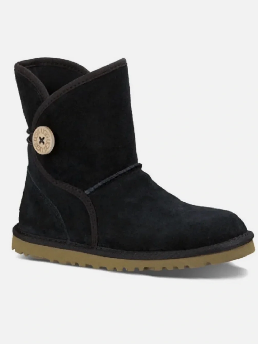 UGG Kids Short Button Boot in Black with Tan Sole